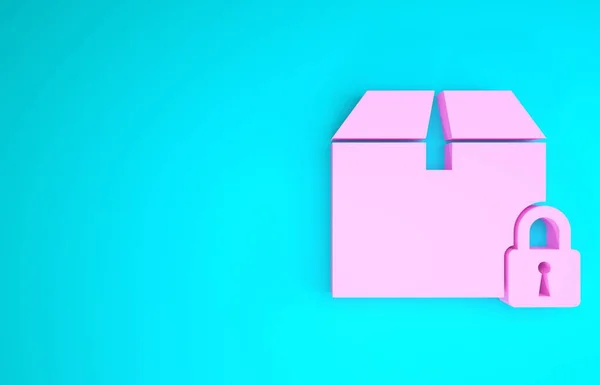 Rosa låst paket ikon isolerad på blå bakgrund. Lås och pappkartong. Minimalistiskt koncept. 3D-illustration 3D-återgivning — Stockfoto