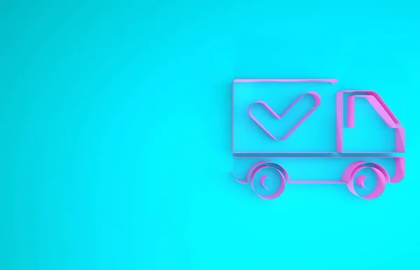 Pink Delivery truck met vinkje pictogram geïsoleerd op blauwe achtergrond. Minimalisme concept. 3d illustratie 3d renderen — Stockfoto