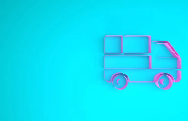 Roze Bezorging vrachtwagen met kartonnen dozen achter pictogram geïsoleerd op blauwe achtergrond. Minimalisme concept. 3d illustratie 3d renderen — Stockfoto