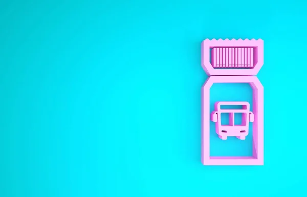 青の背景にピンクのバスのチケットアイコンを隔離。公共交通機関のチケット。最小限の概念。3Dイラスト3Dレンダリング — ストック写真