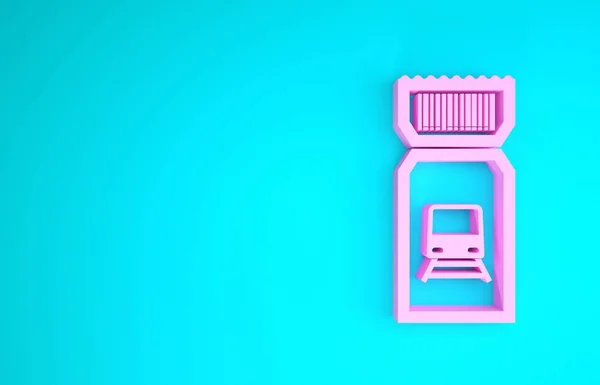 Tiket kereta merah muda diisolasi dengan latar belakang biru. Perjalanan dengan kereta api. Konsep minimalisme. Tampilan 3D ilustrasi 3d — Stok Foto