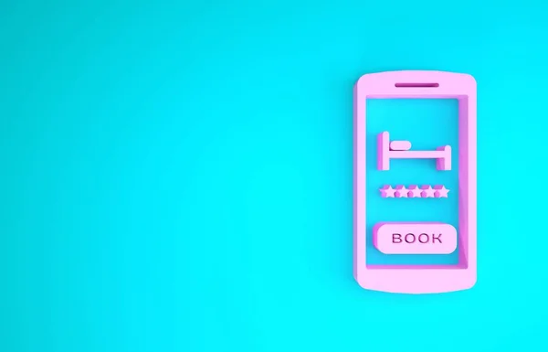 Pink Online otel rezervasyon ikonu mavi arka planda izole edildi. Cep telefonu için online rezervasyon tasarımı konsepti. Minimalizm kavramı. 3d illüstrasyon 3d canlandırma — Stok fotoğraf