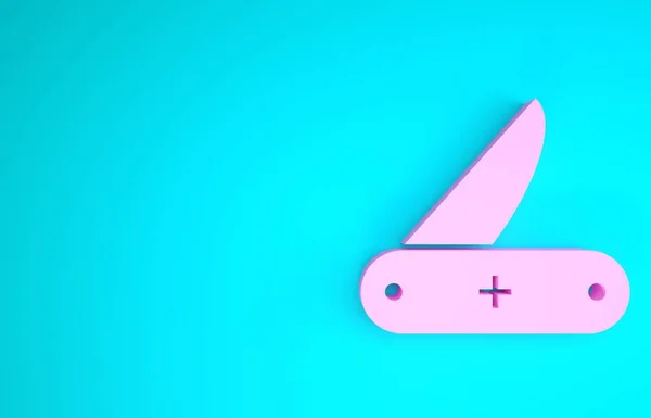 Icono de navaja suiza rosa aislado sobre fondo azul. Navaja multiusos y multiusos. Herramienta multifuncional. Concepto minimalista. 3D ilustración 3D render —  Fotos de Stock