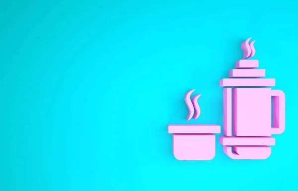 Pink Thermos container icoon geïsoleerd op blauwe achtergrond. Thermo kolf icoon. Kampeer- en wandeluitrusting. Minimalisme concept. 3d illustratie 3D renderen — Stockfoto