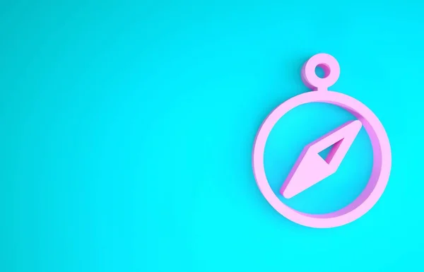 Ícone de bússola rosa isolado no fundo azul. Símbolo de navegação Windrose. Sinal de rosa do vento. Conceito de minimalismo. 3D ilustração 3D render — Fotografia de Stock