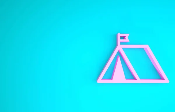 Rosafarbenes Touristenzelt mit Fahnensymbol auf blauem Hintergrund. Zeltlager. Minimalismus-Konzept. 3D Illustration 3D Renderer — Stockfoto