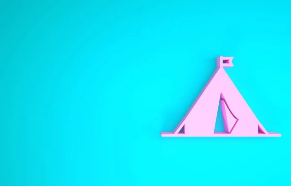 Tenda turística rosa com ícone de bandeira isolado no fundo azul. Símbolo de acampamento. Conceito de minimalismo. 3D ilustração 3D render — Fotografia de Stock