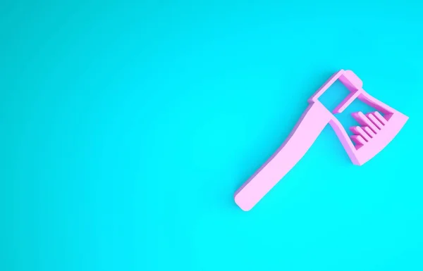 Icona in legno rosa con ascia isolata su sfondo blu. Ascia taglialegna. Concetto minimalista. Illustrazione 3d rendering 3D — Foto Stock