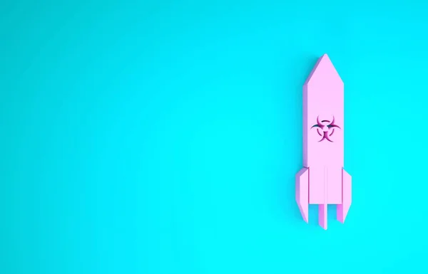 Pink Biohazard rocket icon isolated on blue background. Rocket bomb flies down. Minimalism concept. 3d illustration 3D render — Stock Photo, Image