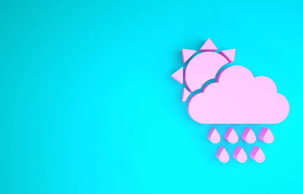 Pink Cloud with rain and sun icon isolated on blue background. Rain cloud precipitation with rain drops. Minimalism concept. 3d illustration 3D render