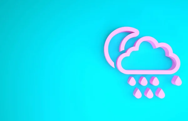 Pink Cloud with rain and moon icon isolated on blue background. Rain cloud precipitation with rain drops. Minimalism concept. 3d illustration 3D render