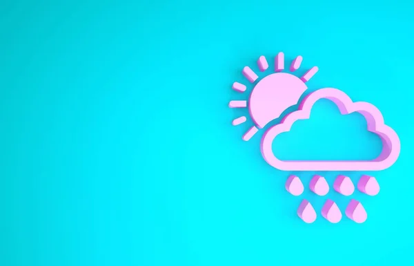 Рожева хмара з піктограмою дощу та сонця ізольована на синьому фоні. Дощ хмарно з краплями дощу. Концепція мінімалізму. 3D ілюстрація 3D рендеринга — стокове фото