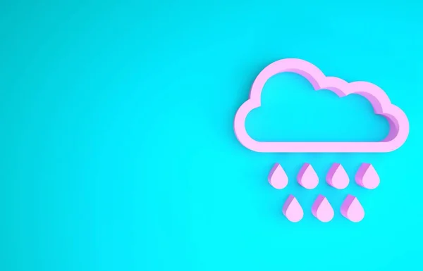 Nuvem rosa com ícone de chuva isolado no fundo azul. Precipitação de nuvens de chuva com gotas de chuva. Conceito de minimalismo. 3D ilustração 3D render — Fotografia de Stock