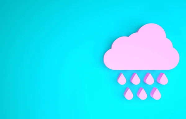 Rosa Wolke mit Regensymbol auf blauem Hintergrund. Regenwolken Niederschlag mit Regentropfen. Minimalismus-Konzept. 3D Illustration 3D Renderer — Stockfoto