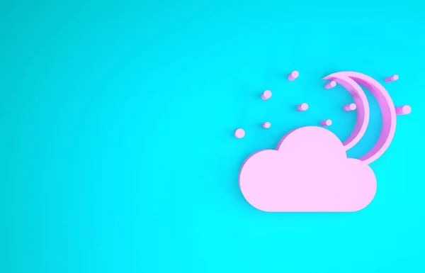 Rosafarbene Wolke mit Mond und Sternen auf blauem Hintergrund. bewölktes Nachtzeichen. Symbol für Schlafträume. Nacht- oder Bettzeichen. Minimalismus-Konzept. 3D Illustration 3D Renderer — Stockfoto