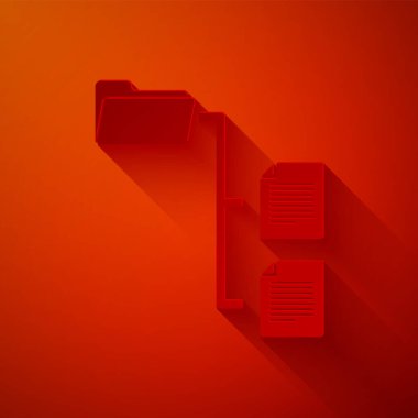 Kağıt kesim ağaç simgesi kırmızı arkaplanda izole edildi. Bilgisayar ağı dosya dizini yapı akış şeması. Kağıt sanatı tarzı. Vektör İllüstrasyonu