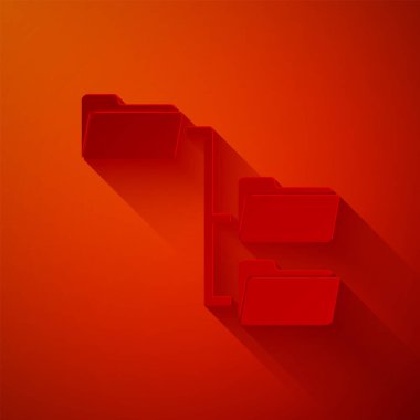 Kağıt kesim ağaç simgesi kırmızı arkaplanda izole edildi. Bilgisayar ağı dosya dizini yapı akış şeması. Kağıt sanatı tarzı. Vektör İllüstrasyonu