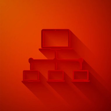 Kağıt kesme Bilgisayar ağı simgesi kırmızı arkaplanda izole edildi. Laptop ağı. İnternet bağlantısı. Kağıt sanatı tarzı. Vektör İllüstrasyonu