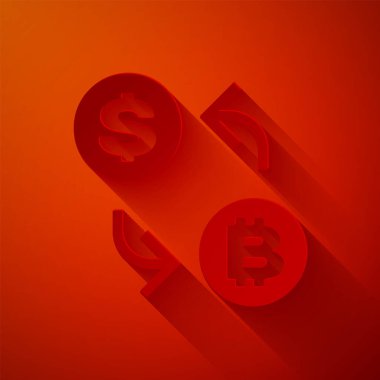 Kağıt kesiği Kripto döviz simgesi kırmızı arkaplanda izole edildi. Bitcoin 'den dolar takas simgesine. Kripto para teknolojisi, mobil bankacılık. Kağıt sanatı tarzı. Vektör İllüstrasyonu