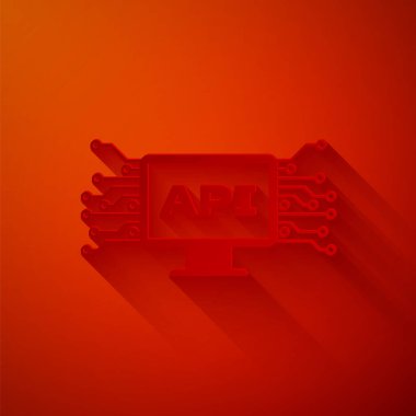 Kağıt kesimi Bilgisayar api arayüzü simgesi kırmızı arkaplanda izole edildi. Uygulama programlama arayüzü Api teknolojisi. Yazılım entegrasyonu Kağıt sanatı tarzı. Vektör İllüstrasyonu