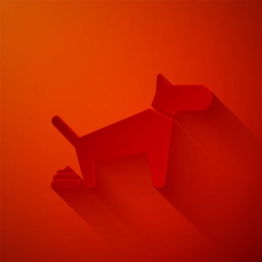 Kağıt kesiği köpek kakası simgesi kırmızı arkaplanda izole edilmiş. Köpek tuvalete gidiyor. Köpek dışkılar. Yürüyen hayvanlar için yer kavramı. Kağıt sanatı tarzı. Vektör İllüstrasyonu