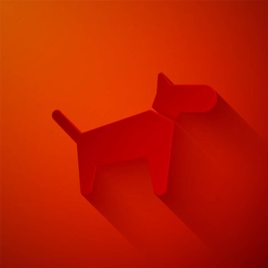 Kağıt kesiği köpek simgesi kırmızı arkaplanda izole edildi. Kağıt sanatı tarzı. Vektör İllüstrasyonu