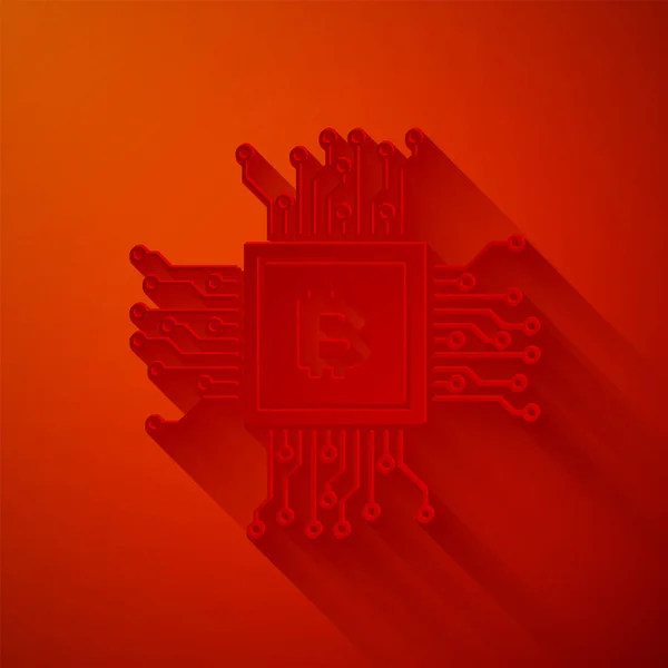 Cięcie papieru Cpu górniczej ikony farmy izolowane na czerwonym tle. Znak Bitcoin wewnątrz procesora. Kryptowaluta społeczności górniczej. Pieniądze cyfrowe. Papier w stylu sztuki. Ilustracja wektora — Wektor stockowy