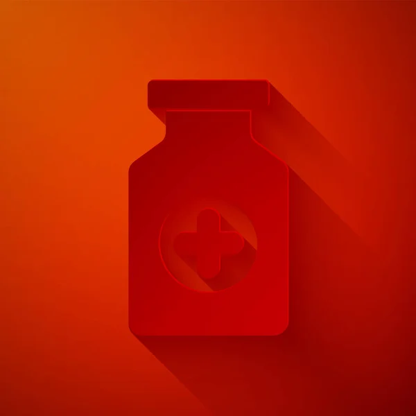 Papírvágás Gyógyszer palack ikon elszigetelt piros alapon. Üvegpirula jel. Gyógyszerészeti tervezés. Papírművészeti stílus. Vektorillusztráció — Stock Vector