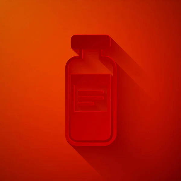 Corte de papel Vial médico, ampolla, icono de la botella aislado sobre fondo rojo. Vacunación, inyección, concepto de atención de la vacuna. Estilo de arte de papel. Ilustración vectorial — Vector de stock