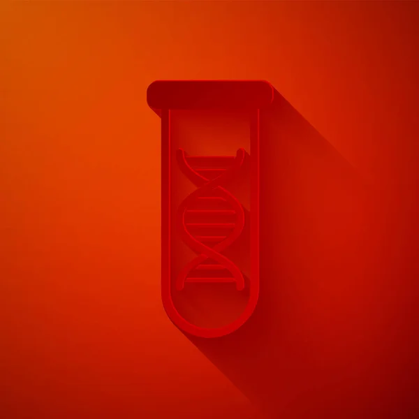 Pesquisa de DNA de corte de papel, ícone de pesquisa isolado no fundo vermelho. Engenharia genética, testes genéticos, clonagem, testes de paternidade. Estilo de arte de papel. Ilustração vetorial — Vetor de Stock