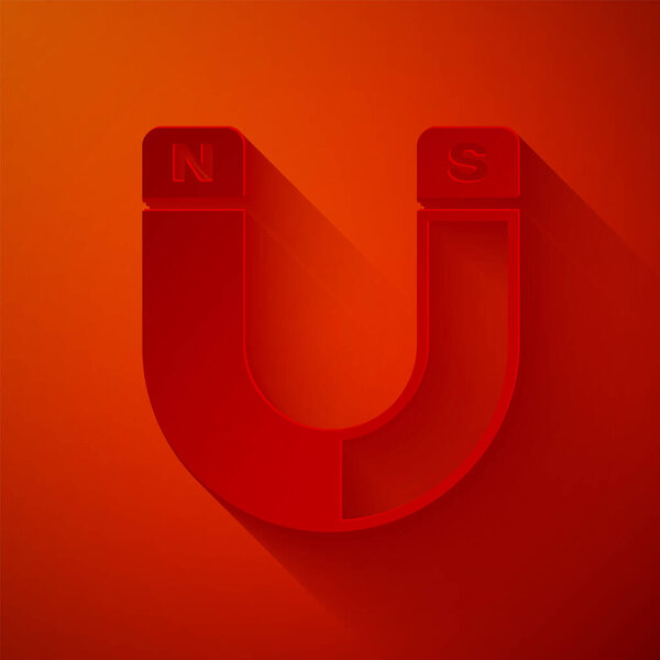Иконка магнита вырезана на красном фоне. Подковообразный магнит, магнетизм, магнетизм, знак притяжения. Бумажный стиль. Векторная миграция
