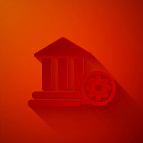Cięcie papieru Budynek banku i ikona przekładni izolowane na czerwonym tle. Regulacja aplikacji, koncepcja usługi, opcje ustawień, konserwacja, naprawa, naprawa. Papier w stylu sztuki. Ilustracja wektora — Wektor stockowy