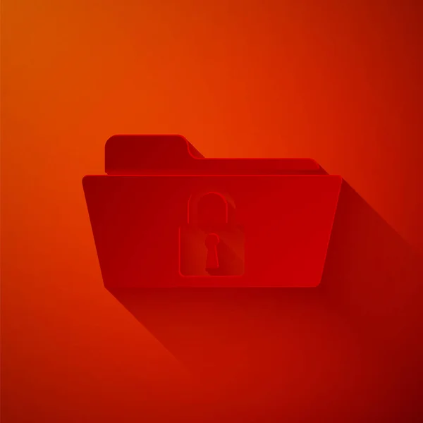 Paper cut Folder and lock icon isolated on red background. Closed folder and padlock. Security, safety, protection concept. Paper art style. Vector Illustration — Stock Vector