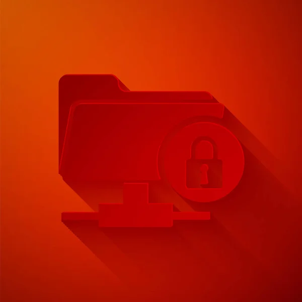 Paper cut FTP folder and lock icon isolated on red background. Concept of software update, ftp transfer protocol. Security, safety, protection concept. Paper art style. Vector Illustration — Stock Vector