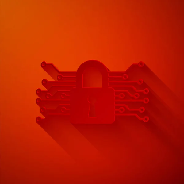 Pappersklipp Cyber security ikon isolerad på röd bakgrund. Stängt hänglås på digitalt kretskort. Säkerhetskoncept Digitalt dataskydd. Papperskonst. Vektor Illustration — Stock vektor