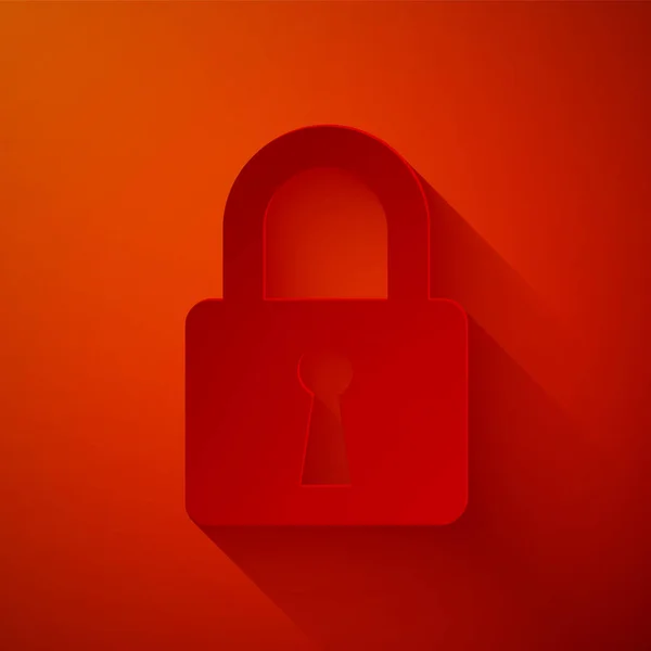 Paper cut Lock icon isolated on red background. Closed padlock sign. Cyber security concept. Digital data protection. Safety safety. Paper art style. Vector Illustration — ストックベクタ