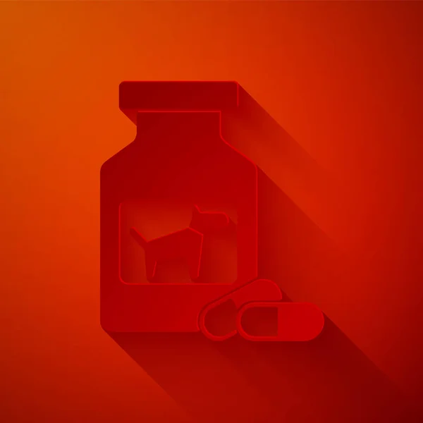 Kağıt kesiği köpek ilacı şişesi ve kırmızı arka planda izole edilmiş ilaç ikonu. İçinde haplar olan konteynır. Hayvan için reçeteli ilaç. Kağıt sanatı tarzı. Vektör İllüstrasyonu — Stok Vektör