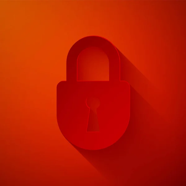 ペーパーカット赤い背景に隔離されたロックアイコン。南京錠のサインセキュリティ、安全性、保護、プライバシーの概念。紙のアートスタイル。ベクターイラスト — ストックベクタ
