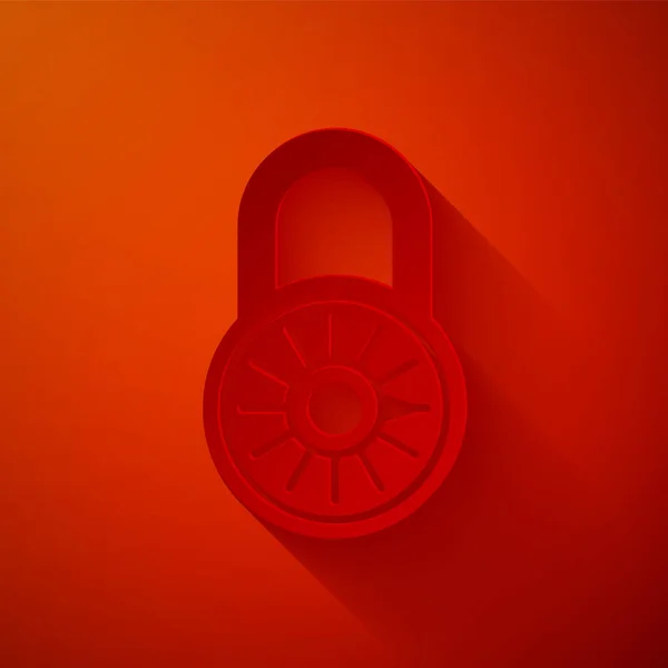 Paper cut Safe combination lock wheel icon isolated on red background. Combination padlock. Security, safety, protection, password, privacy. Paper art style. Vector Illustration — Stock Vector