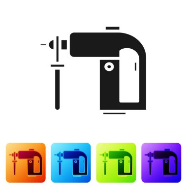 Siyah elektrikli çekiç matkabı ikonu beyaz arka planda izole edildi. İnşaat, onarım ve onarım için kullanılan bir alet. Renkli kare düğmelerle simgeleri ayarla. Vektör İllüstrasyonu