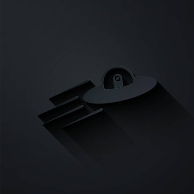 Kağıt kesiği Ufo uçan uzay gemisi ve siyah arka planda izole edilmiş uzaylı ikonu. Uçan daire. Uzaylı uzay gemisi. Gelecekteki bilinmeyen uçan nesne. Kağıt sanatı tarzı. Vektör İllüstrasyonu