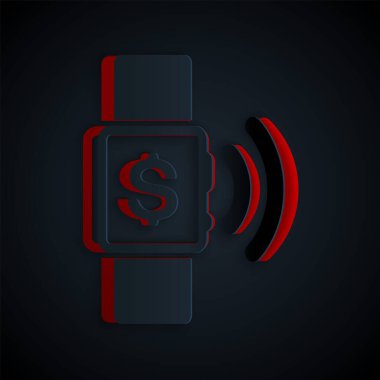 Kağıt kesiği Temassız ödeme simgesi siyah arka planda izole edildi. NFC teknolojisi ile akıllı seğirme kablosuz iletişim sağlıyor. Kağıt sanatı tarzı. Vektör İllüstrasyonu