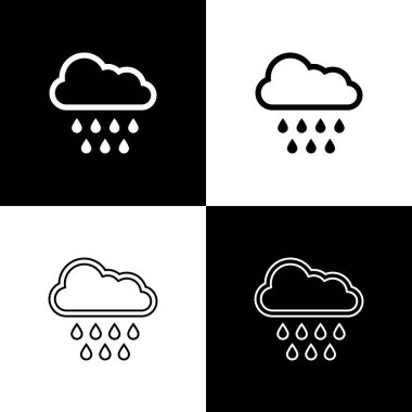 Bulut 'u yağmur simgesiyle siyah beyaz arkaplanda izole et. Yağmur damlaları ile yağmur bulutu yağışı. Vektör İllüstrasyonu