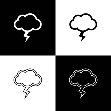 Siyah beyaz arka planda yalıtılmış Fırtına simgesini ayarlayın. Bulut ve şimşek işareti. Fırtınanın hava ikonu. Vektör İllüstrasyonu