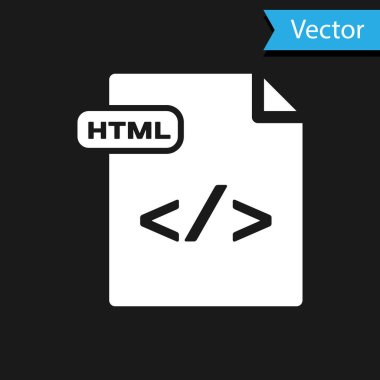 Beyaz Html dosya belgesi. Siyah arkaplanda html düğmesi simgesi indir. Html dosya sembolü. İşaretleme dili sembolü. Vektör İllüstrasyonu