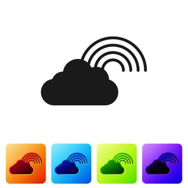 Beyaz arkaplanda izole edilmiş bulut simgesi olan siyah gökkuşağı. Renkli kare düğmelerle simgeleri ayarla. Vektör İllüstrasyonu