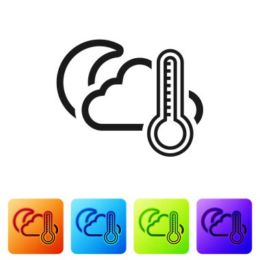 Beyaz zemin üzerinde ay simgesi olan siyah termometre ve bulut. Renkli kare düğmelerle simgeleri ayarla. Vektör İllüstrasyonu