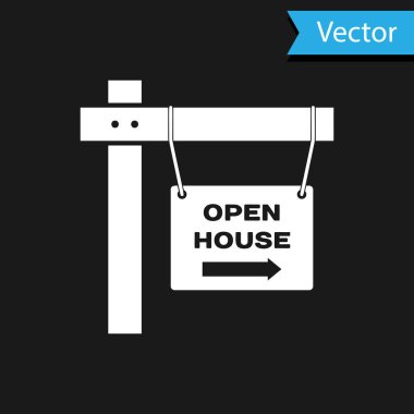Siyah arkaplanda açık ev simgesi olan beyaz asma işareti. Açık Ev 'in yazılı olduğu tabela. Vektör İllüstrasyonu