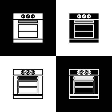 Fırın simgesini siyah beyaz arka planda yalıtılmış olarak ayarlayın. Soba gazlı fırın işareti. Vektör İllüstrasyonu