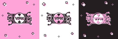 VPN 'i, pembe beyaz ve siyah arkaplanda izole edilmiş mikroçip devre ikonu ile daire içine al. Vektör İllüstrasyonu